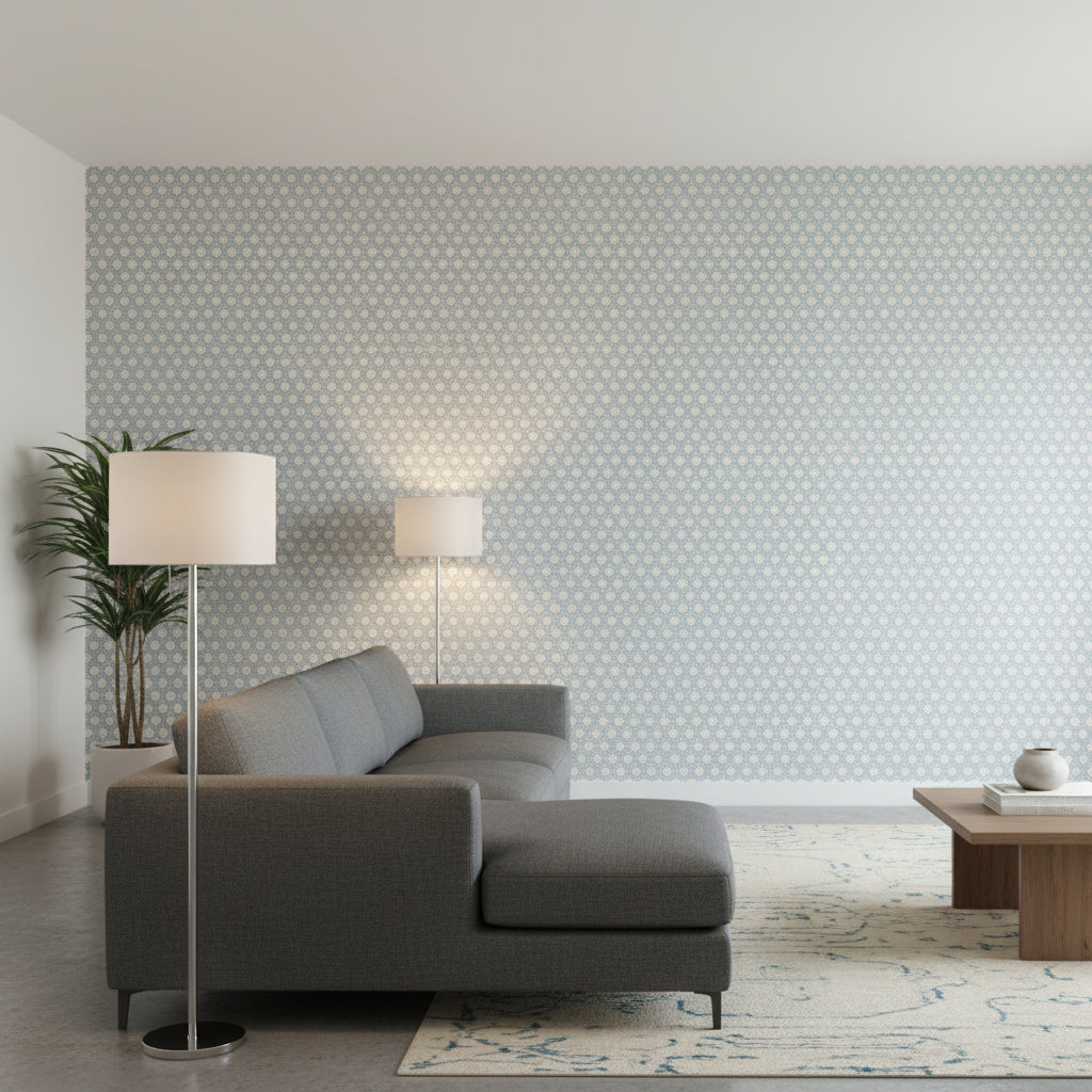 Pergola Navy | Thibaut Wallcoverings - Living Room Visualization (AI-generated, may not be to scale. Verify pattern scale with product specifications.)