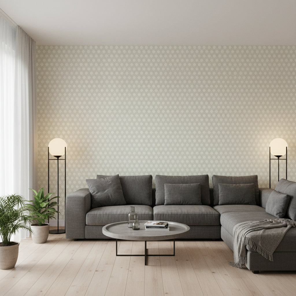 Pergola Green | Thibaut Wallcoverings - Living Room Visualization (AI-generated, may not be to scale. Verify pattern scale with product specifications.)