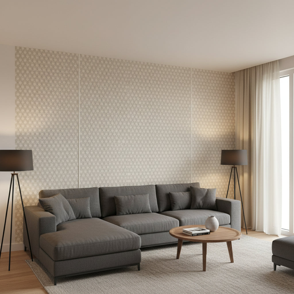 Pergola Brown | Thibaut Wallcoverings - Living Room Visualization (AI-generated, may not be to scale. Verify pattern scale with product specifications.)