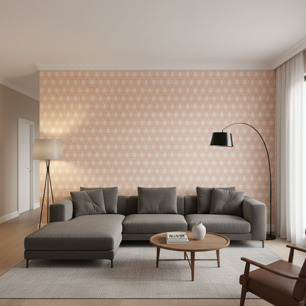 Pergola Orange | Thibaut Wallcoverings - Living Room Visualization (AI-generated, may not be to scale. Verify pattern scale with product specifications.)