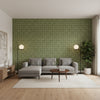 Square Dance Olive Green | Thibaut Wallcoverings - Living Room Visualization (AI-generated, may not be to scale. Verify pattern scale with product specifications.)