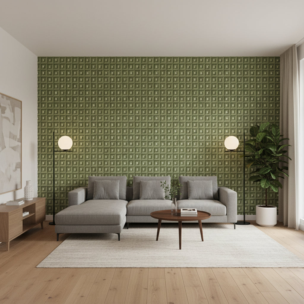 Square Dance Olive Green | Thibaut Wallcoverings - Living Room Visualization (AI-generated, may not be to scale. Verify pattern scale with product specifications.)