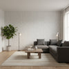 Square Dance Grey | Thibaut Wallcoverings - Living Room Visualization (AI-generated, may not be to scale. Verify pattern scale with product specifications.)