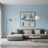 Square Dance Light Blue | Thibaut Wallcoverings - Living Room Visualization (AI-generated, may not be to scale. Verify pattern scale with product specifications.)