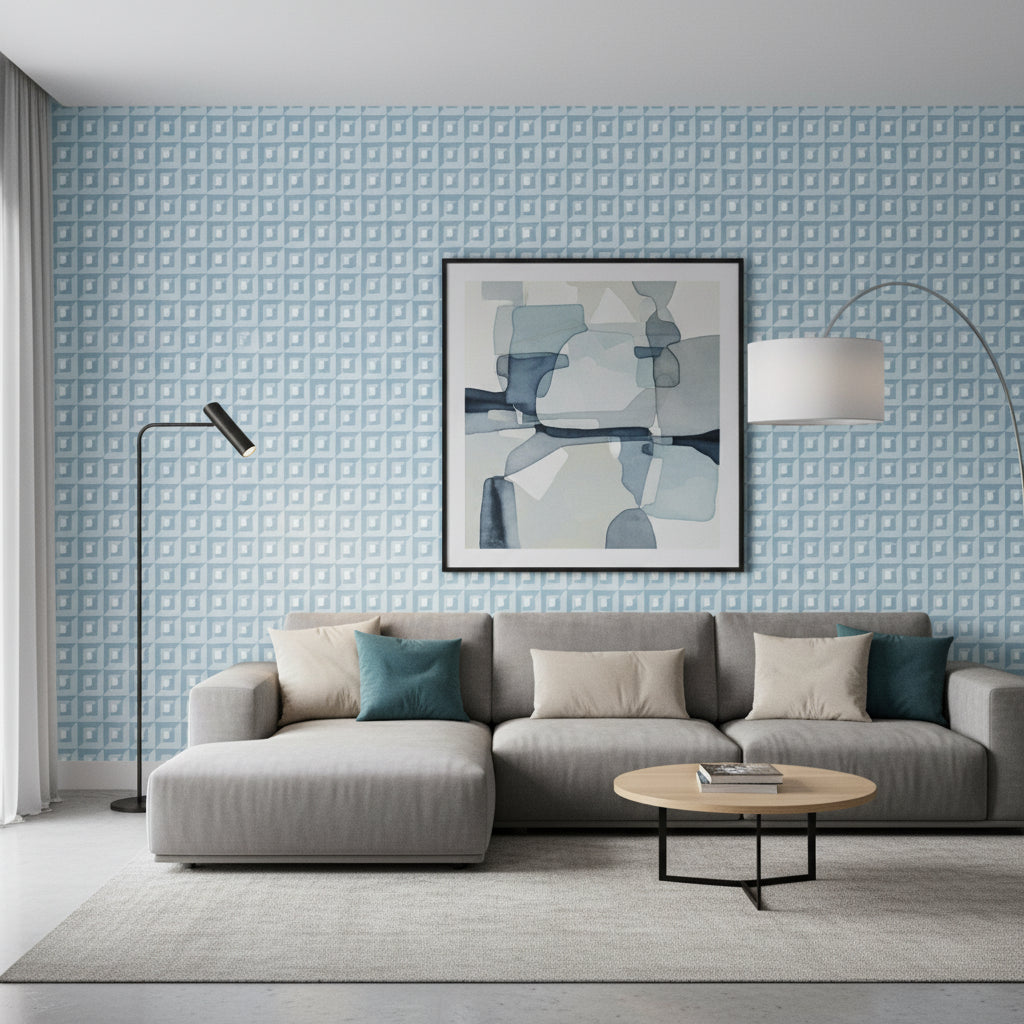 Square Dance Light Blue | Thibaut Wallcoverings - Living Room Visualization (AI-generated, may not be to scale. Verify pattern scale with product specifications.)