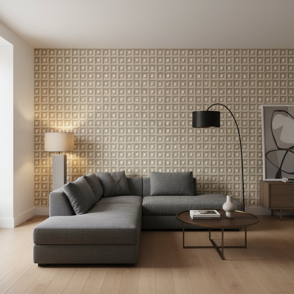 Square Dance Taupe | Thibaut Wallcoverings - Living Room Visualization (AI-generated, may not be to scale. Verify pattern scale with product specifications.)