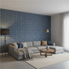 Square Dance Navy | Thibaut Wallcoverings - Living Room Visualization (AI-generated, may not be to scale. Verify pattern scale with product specifications.)