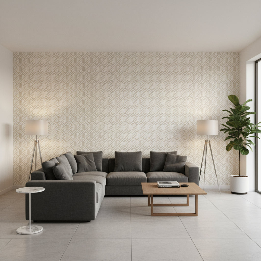 Tortona Metallic Gold on Cream | Thibaut Wallcoverings - Living Room Visualization (AI-generated, may not be to scale. Verify pattern scale with product specifications.)