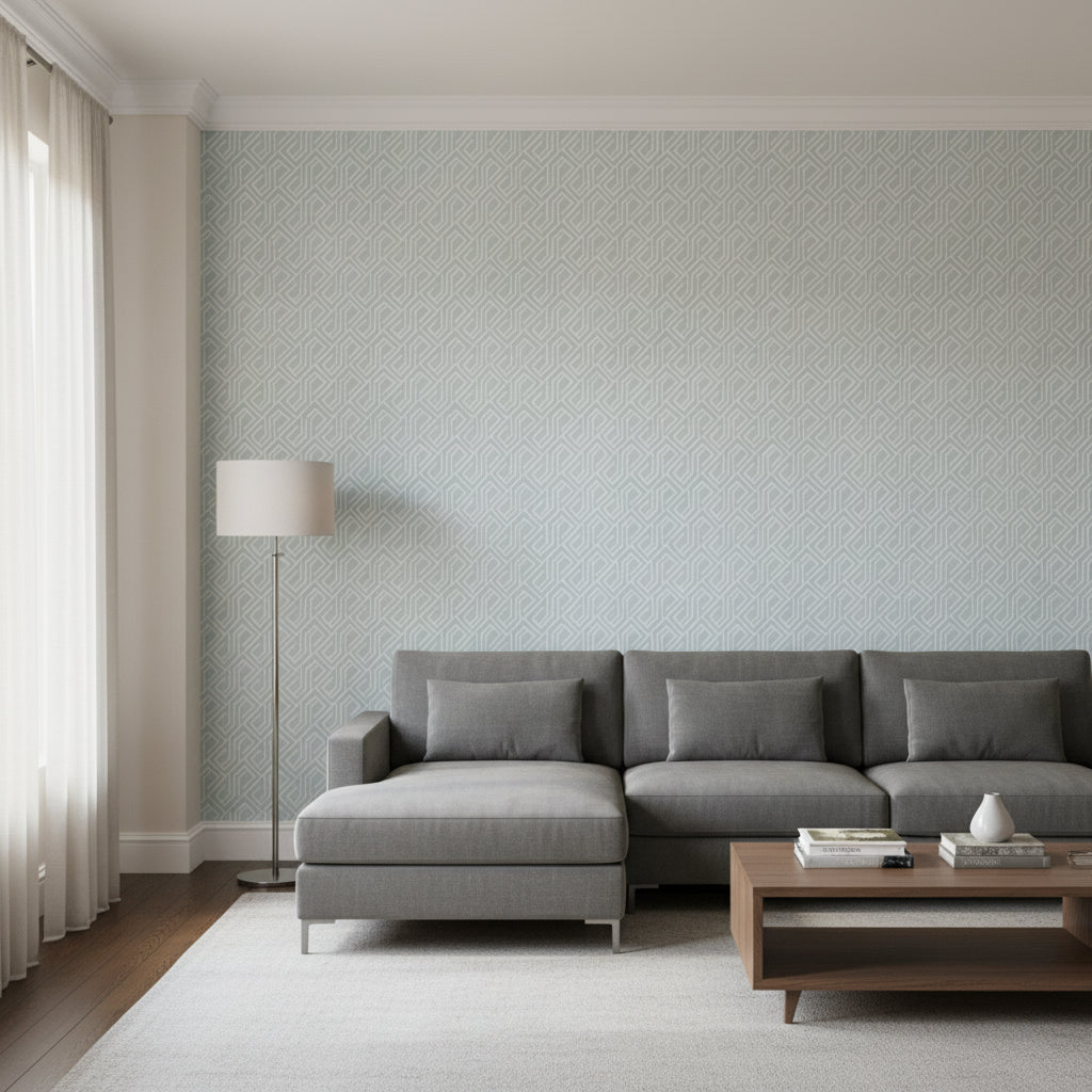 Tortona Spa Blue | Thibaut Wallcoverings - Living Room Visualization (AI-generated, may not be to scale. Verify pattern scale with product specifications.)
