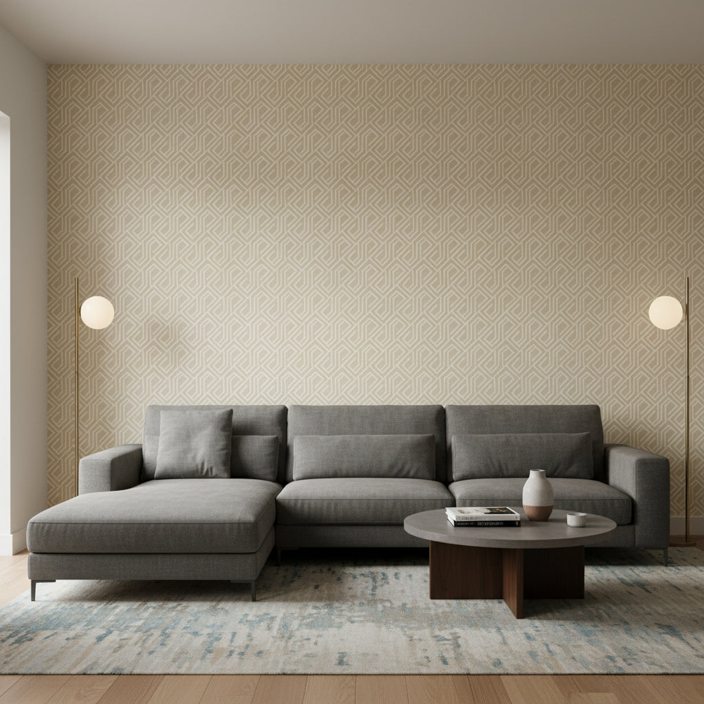 Tortona Beige | Thibaut Wallcoverings - Living Room Visualization (AI-generated, may not be to scale. Verify pattern scale with product specifications.)