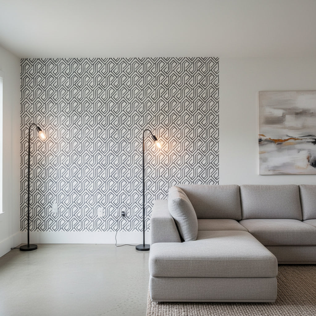 Tortona Black and White | Thibaut Wallcoverings - Living Room Visualization (AI-generated, may not be to scale. Verify pattern scale with product specifications.)