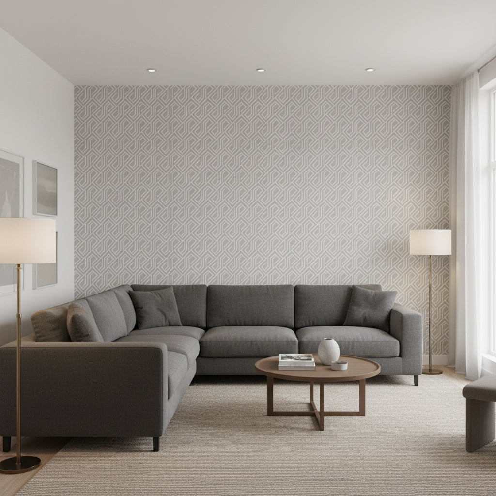 Tortona Grey | Thibaut Wallcoverings - Living Room Visualization (AI-generated, may not be to scale. Verify pattern scale with product specifications.)