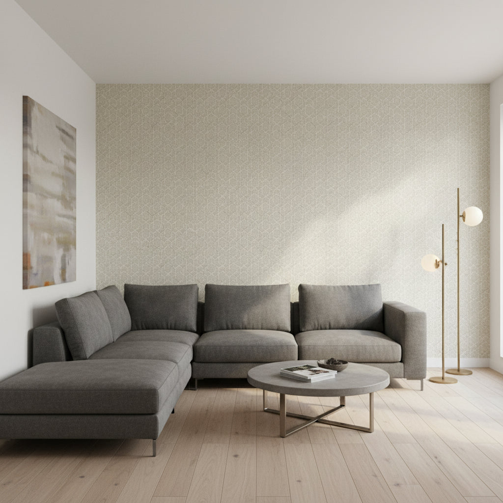 Twilight Taupe | Thibaut Wallcoverings - Living Room Visualization (AI-generated, may not be to scale. Verify pattern scale with product specifications.)
