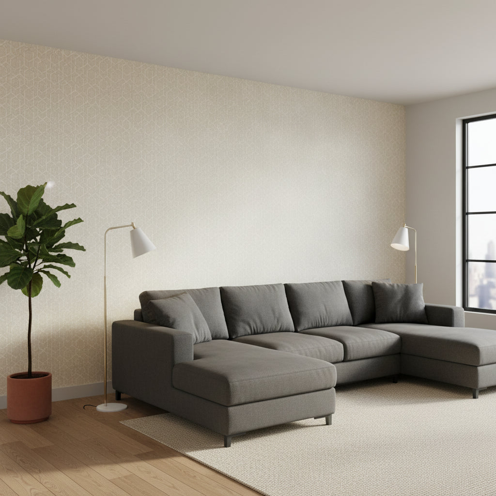 Twilight Beige | Thibaut Wallcoverings - Living Room Visualization (AI-generated, may not be to scale. Verify pattern scale with product specifications.)