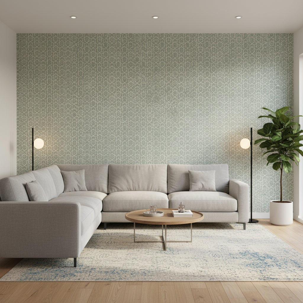 Twilight Teal | Thibaut Wallcoverings - Living Room Visualization (AI-generated, may not be to scale. Verify pattern scale with product specifications.)