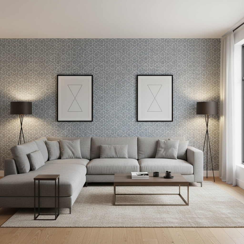 Twilight Navy | Thibaut Wallcoverings - Living Room Visualization (AI-generated, may not be to scale. Verify pattern scale with product specifications.)