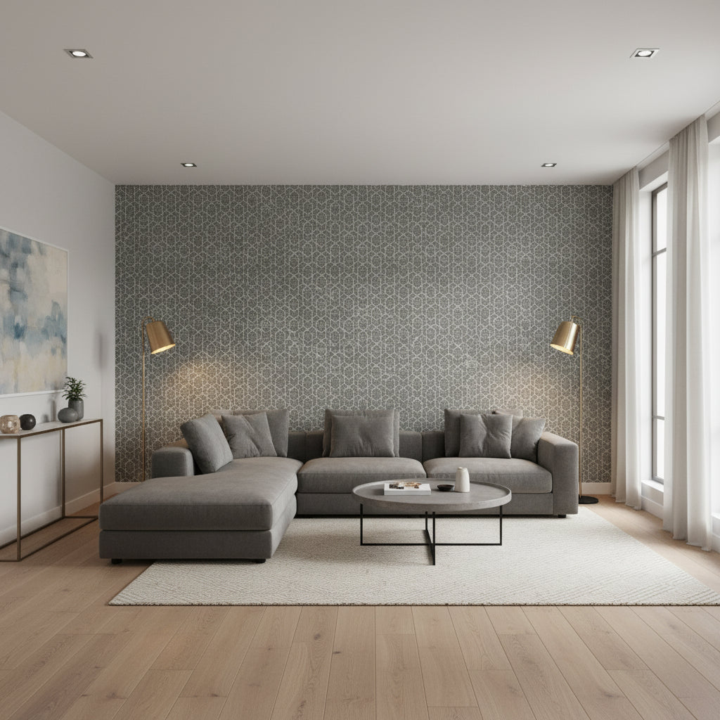Twilight Black | Thibaut Wallcoverings - Living Room Visualization (AI-generated, may not be to scale. Verify pattern scale with product specifications.)
