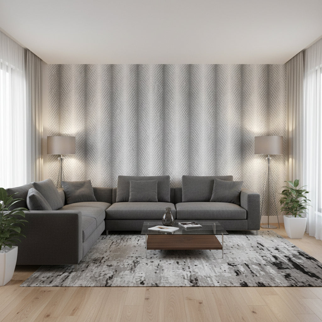 Viva Black and White | Thibaut Wallcoverings - Living Room Visualization (AI-generated, may not be to scale. Verify pattern scale with product specifications.)