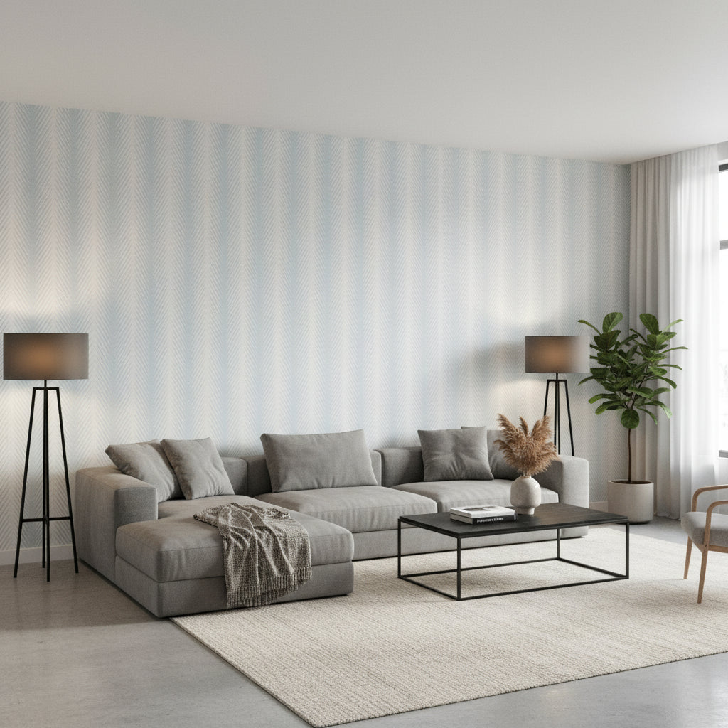 Viva Spa Blue | Thibaut Wallcoverings - Living Room Visualization (AI-generated, may not be to scale. Verify pattern scale with product specifications.)