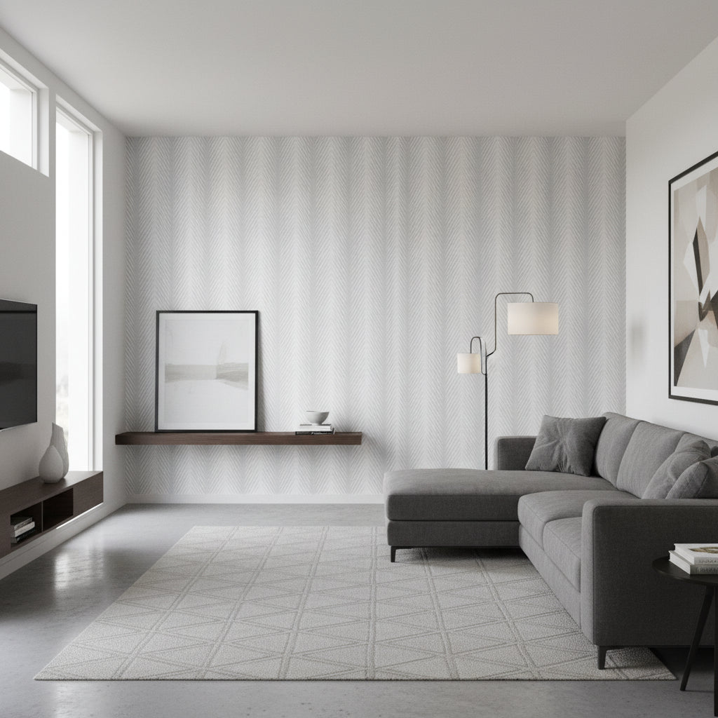 Viva Metallic Silver | Thibaut Wallcoverings - Living Room Visualization (AI-generated, may not be to scale. Verify pattern scale with product specifications.)