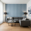 Viva Navy and Light Blue | Thibaut Wallcoverings - Living Room Visualization (AI-generated, may not be to scale. Verify pattern scale with product specifications.)
