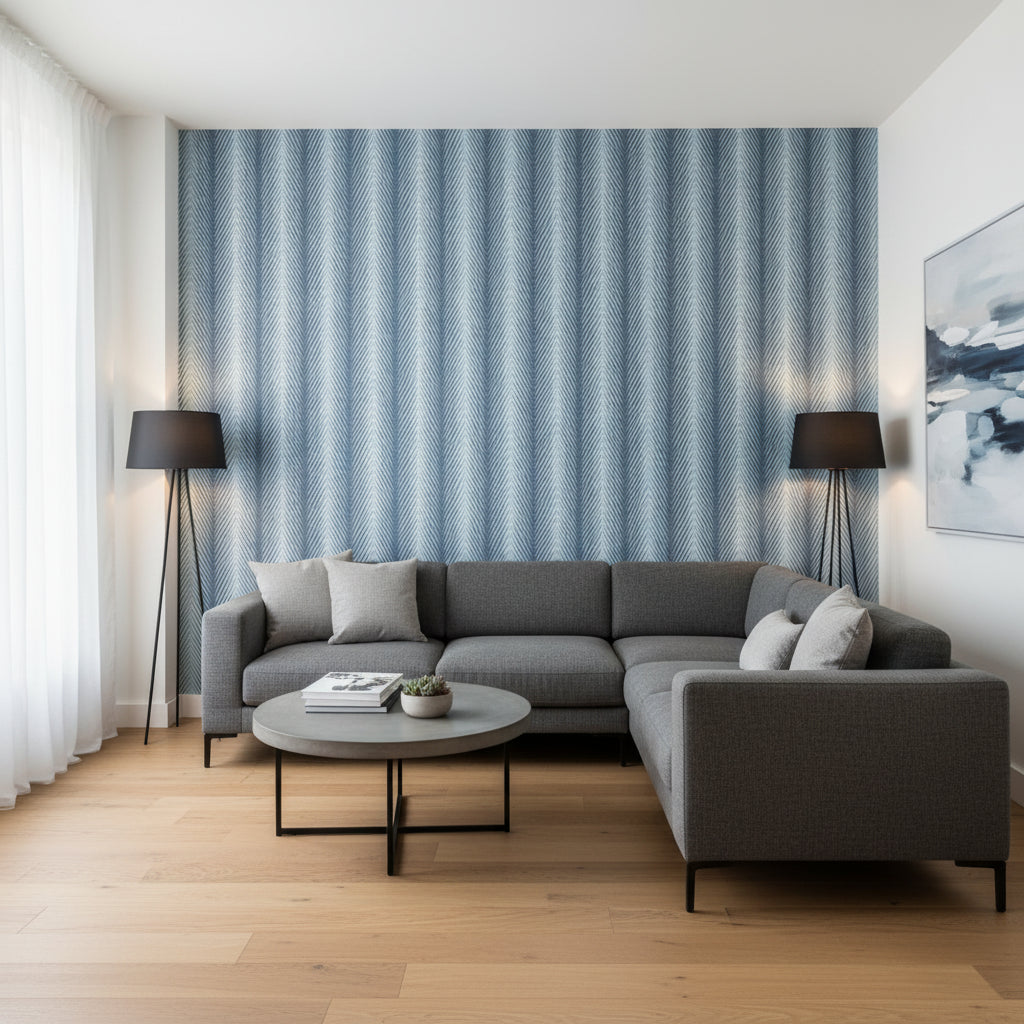 Viva Navy and Light Blue | Thibaut Wallcoverings - Living Room Visualization (AI-generated, may not be to scale. Verify pattern scale with product specifications.)