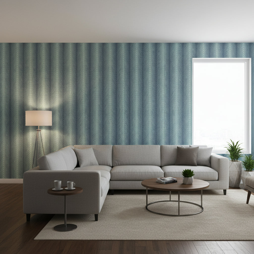 Viva Navy and Aqua | Thibaut Wallcoverings - Living Room Visualization (AI-generated, may not be to scale. Verify pattern scale with product specifications.)