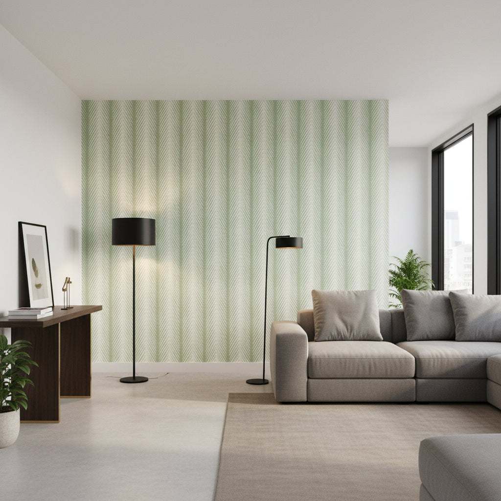 Viva Green | Thibaut Wallcoverings - Living Room Visualization (AI-generated, may not be to scale. Verify pattern scale with product specifications.)