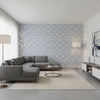 Fretwork Navy | Thibaut Wallcoverings - Living Room Visualization (AI-generated, may not be to scale. Verify pattern scale with product specifications.)