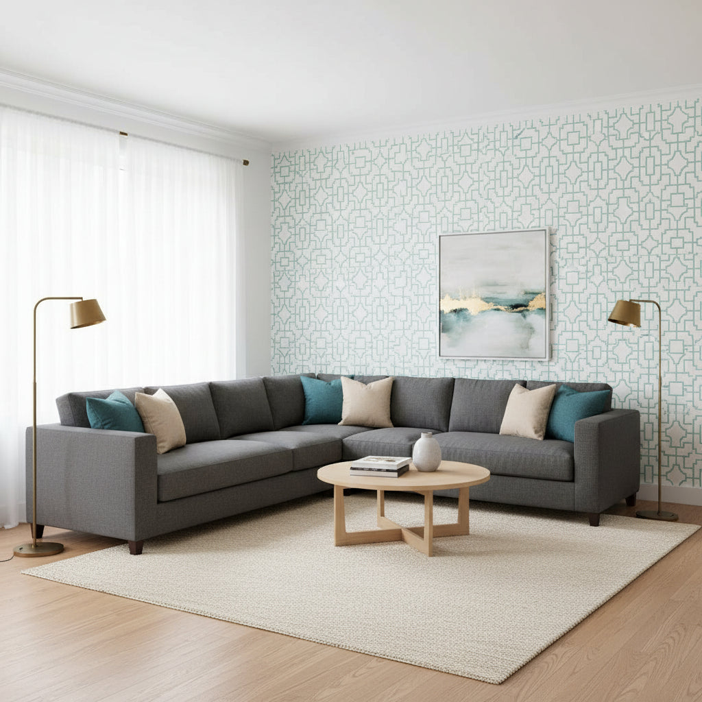 Fretwork Spa Blue | Thibaut Wallcoverings - Living Room Visualization (AI-generated, may not be to scale. Verify pattern scale with product specifications.)