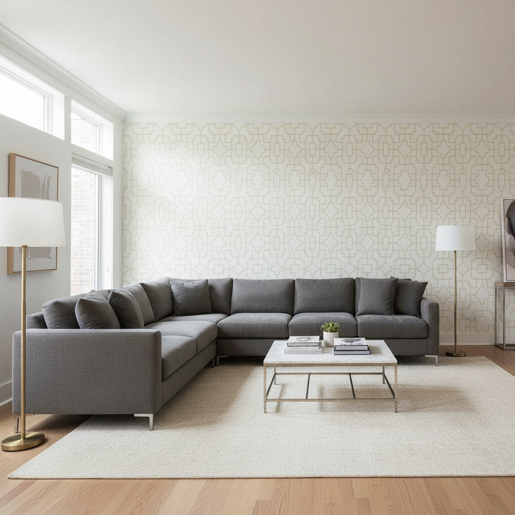 Fretwork Beige | Thibaut Wallcoverings - Living Room Visualization (AI-generated, may not be to scale. Verify pattern scale with product specifications.)