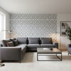 Fretwork Black | Thibaut Wallcoverings - Living Room Visualization (AI-generated, may not be to scale. Verify pattern scale with product specifications.)