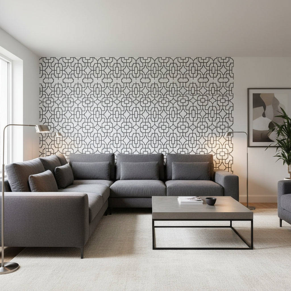 Fretwork Black | Thibaut Wallcoverings - Living Room Visualization (AI-generated, may not be to scale. Verify pattern scale with product specifications.)