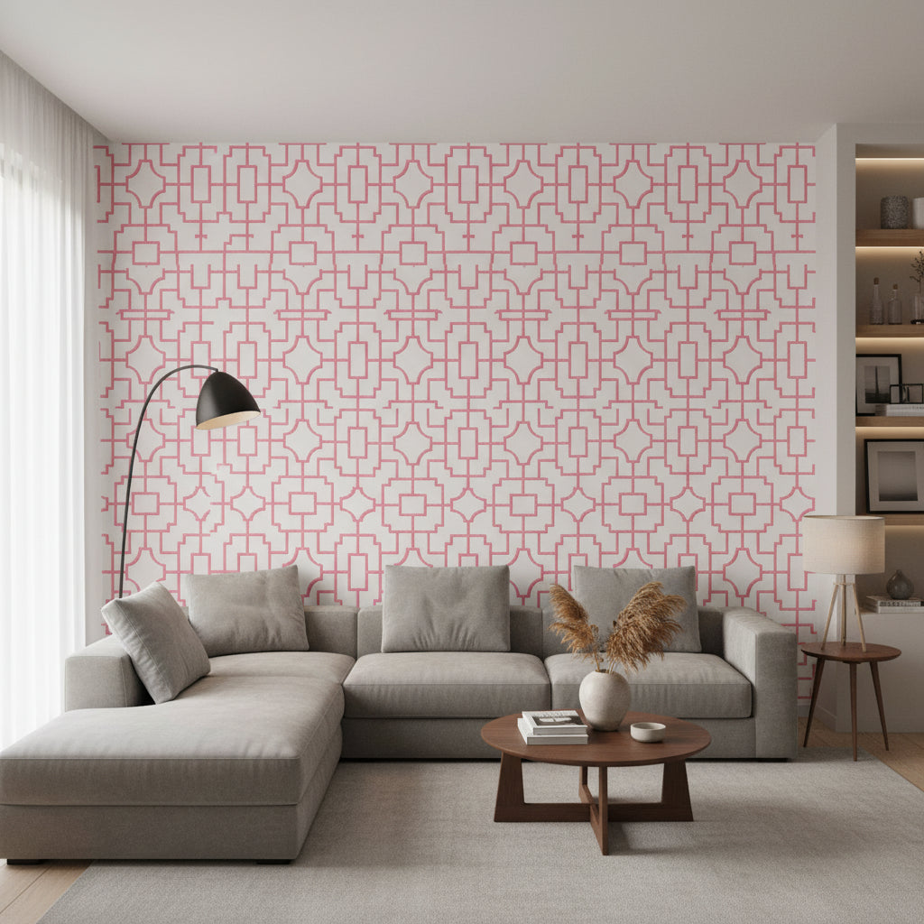 Fretwork Pink | Thibaut Wallcoverings - Living Room Visualization (AI-generated, may not be to scale. Verify pattern scale with product specifications.)