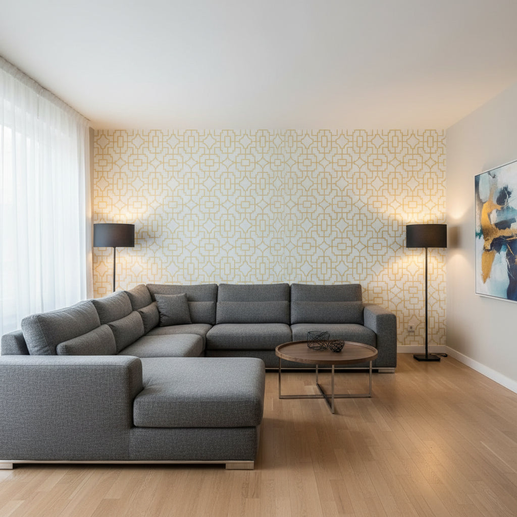 Fretwork Yellow | Thibaut Wallcoverings - Living Room Visualization (AI-generated, may not be to scale. Verify pattern scale with product specifications.)
