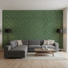 Fretwork Emerald | Thibaut Wallcoverings - Living Room Visualization (AI-generated, may not be to scale. Verify pattern scale with product specifications.)