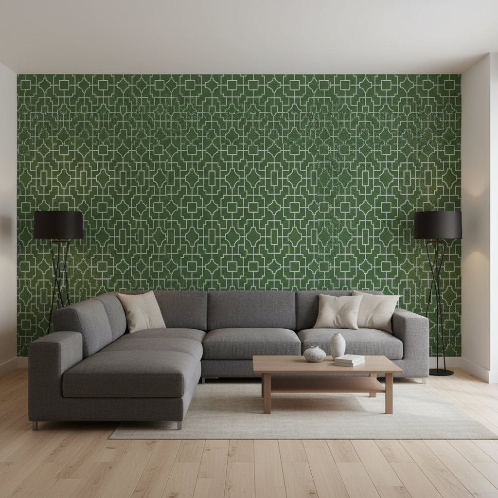 Fretwork Emerald | Thibaut Wallcoverings - Living Room Visualization (AI-generated, may not be to scale. Verify pattern scale with product specifications.)