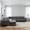 Fretwork Light Blue | Thibaut Wallcoverings - Living Room Visualization (AI-generated, may not be to scale. Verify pattern scale with product specifications.)