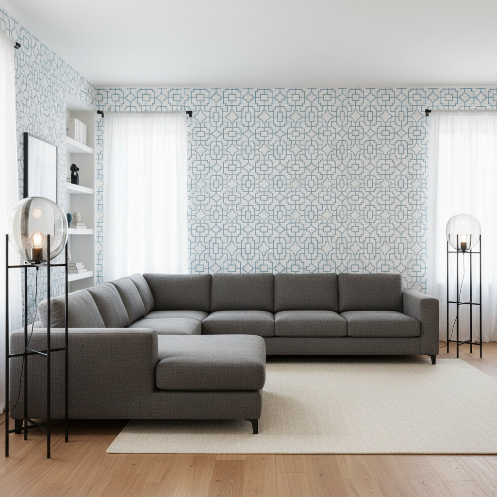 Fretwork Light Blue | Thibaut Wallcoverings - Living Room Visualization (AI-generated, may not be to scale. Verify pattern scale with product specifications.)