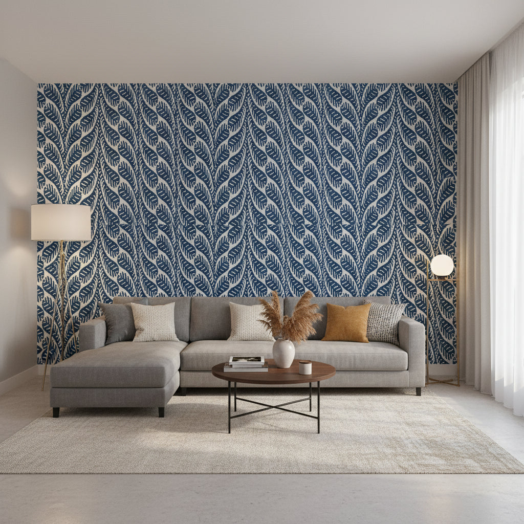 Ginger Navy | Thibaut Wallcoverings - Living Room Visualization (AI-generated, may not be to scale. Verify pattern scale with product specifications.)