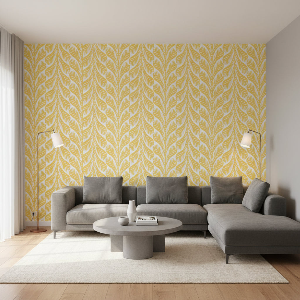 Ginger Yellow | Thibaut Wallcoverings - Living Room Visualization (AI-generated, may not be to scale. Verify pattern scale with product specifications.)