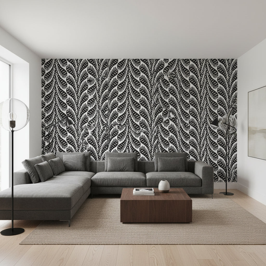 Ginger Black | Thibaut Wallcoverings - Living Room Visualization (AI-generated, may not be to scale. Verify pattern scale with product specifications.)