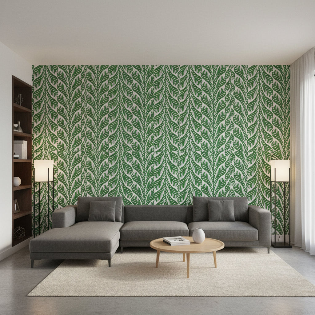 Ginger Emerald | Thibaut Wallcoverings - Living Room Visualization (AI-generated, may not be to scale. Verify pattern scale with product specifications.)