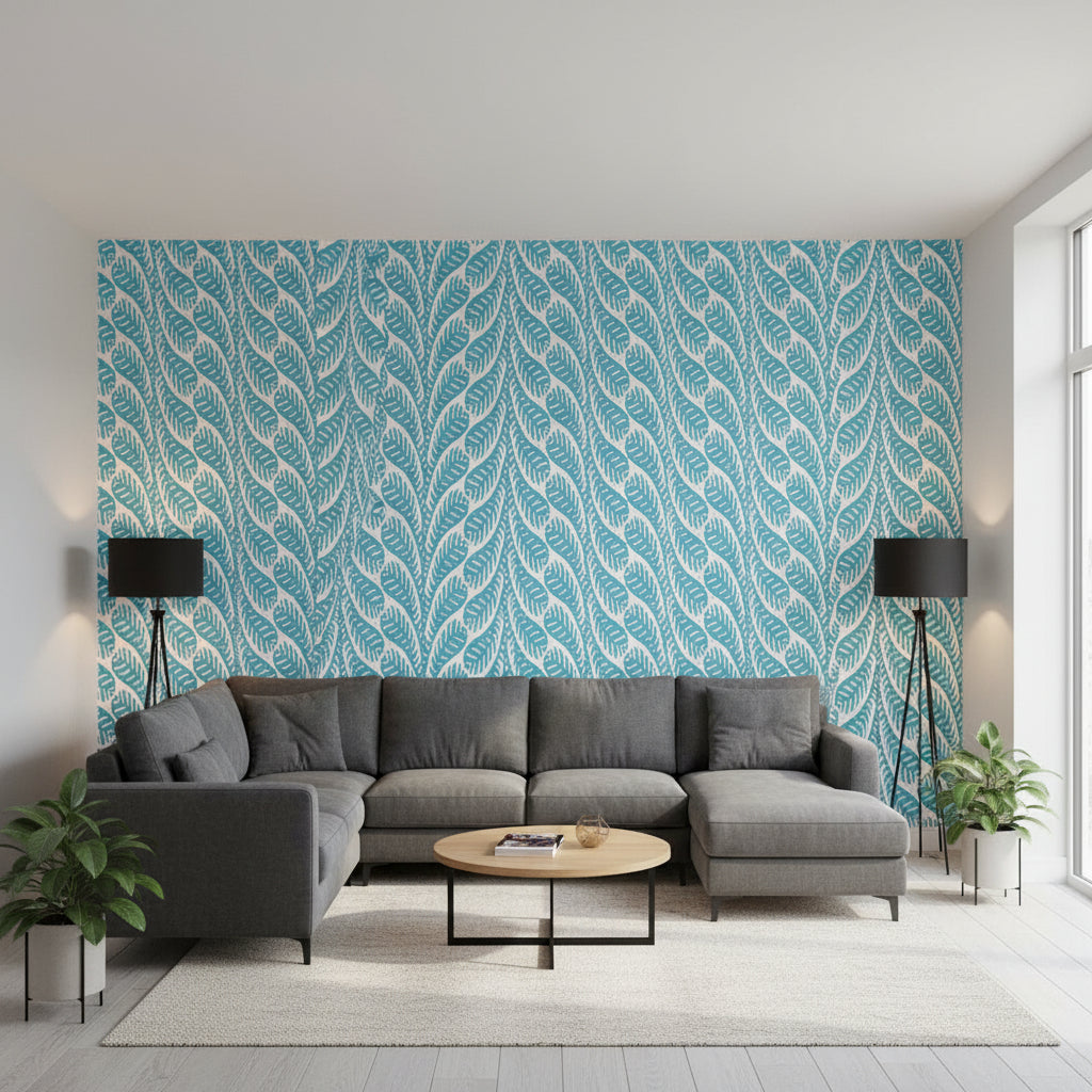 Ginger Turquoise | Thibaut Wallcoverings - Living Room Visualization (AI-generated, may not be to scale. Verify pattern scale with product specifications.)
