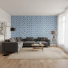 Ginger Blue | Thibaut Wallcoverings - Living Room Visualization (AI-generated, may not be to scale. Verify pattern scale with product specifications.)