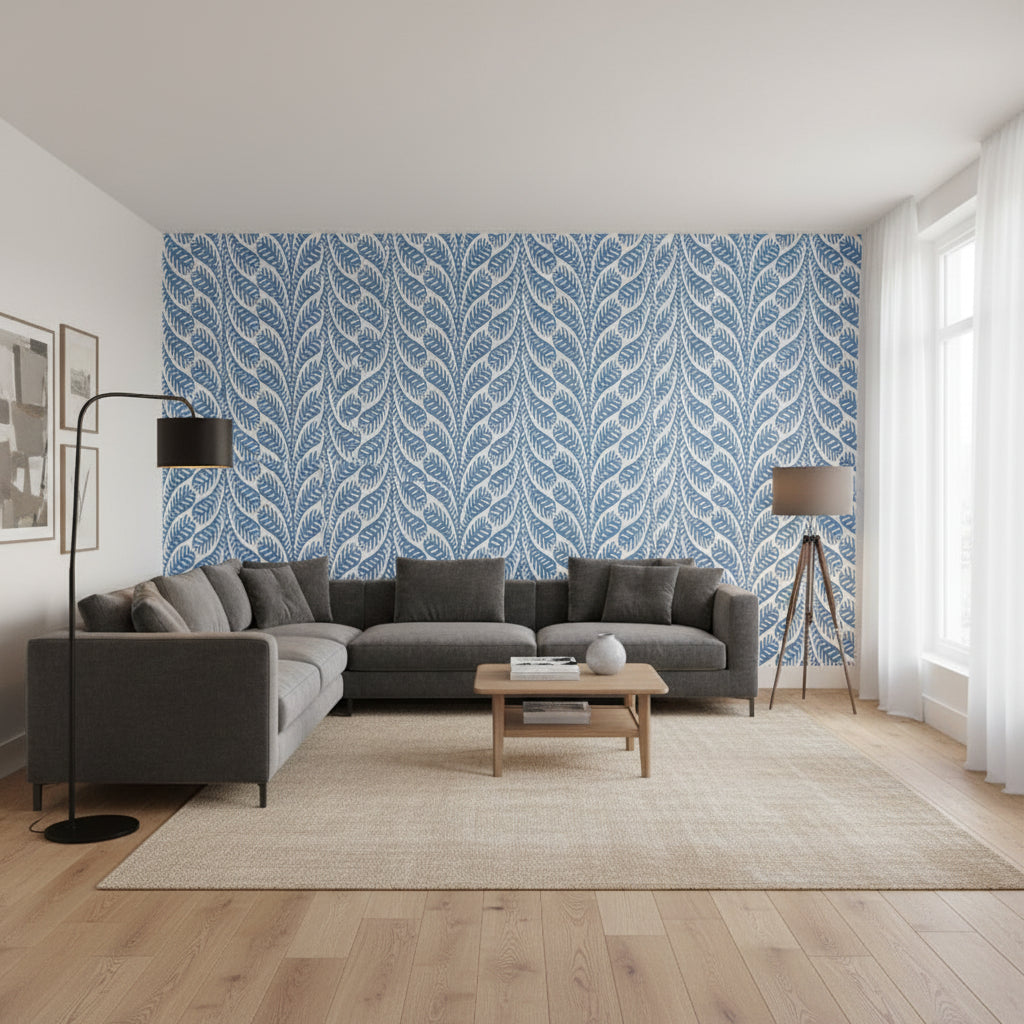 Ginger Blue | Thibaut Wallcoverings - Living Room Visualization (AI-generated, may not be to scale. Verify pattern scale with product specifications.)