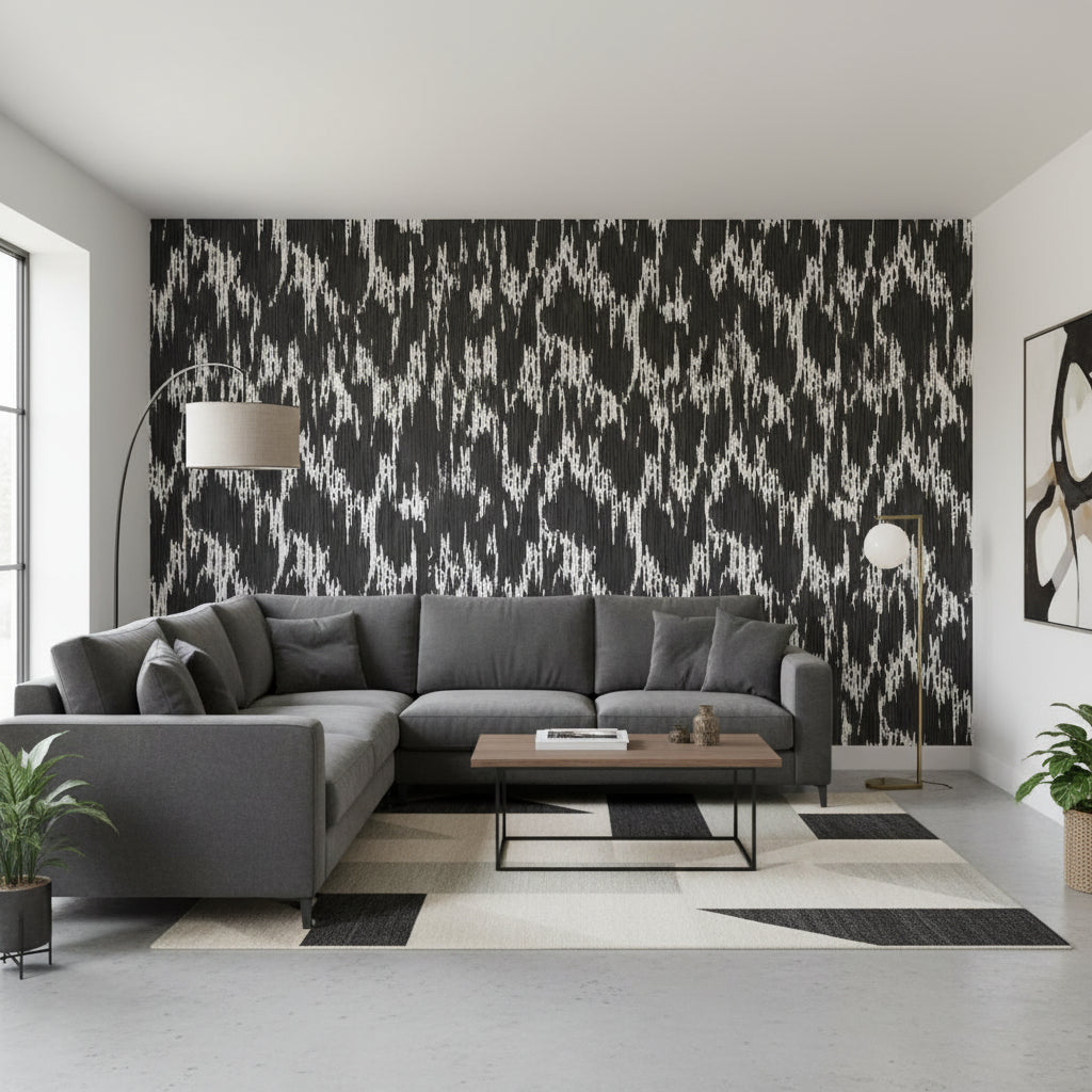 Maverick Black | Thibaut Wallcoverings - Living Room Visualization (AI-generated, may not be to scale. Verify pattern scale with product specifications.)