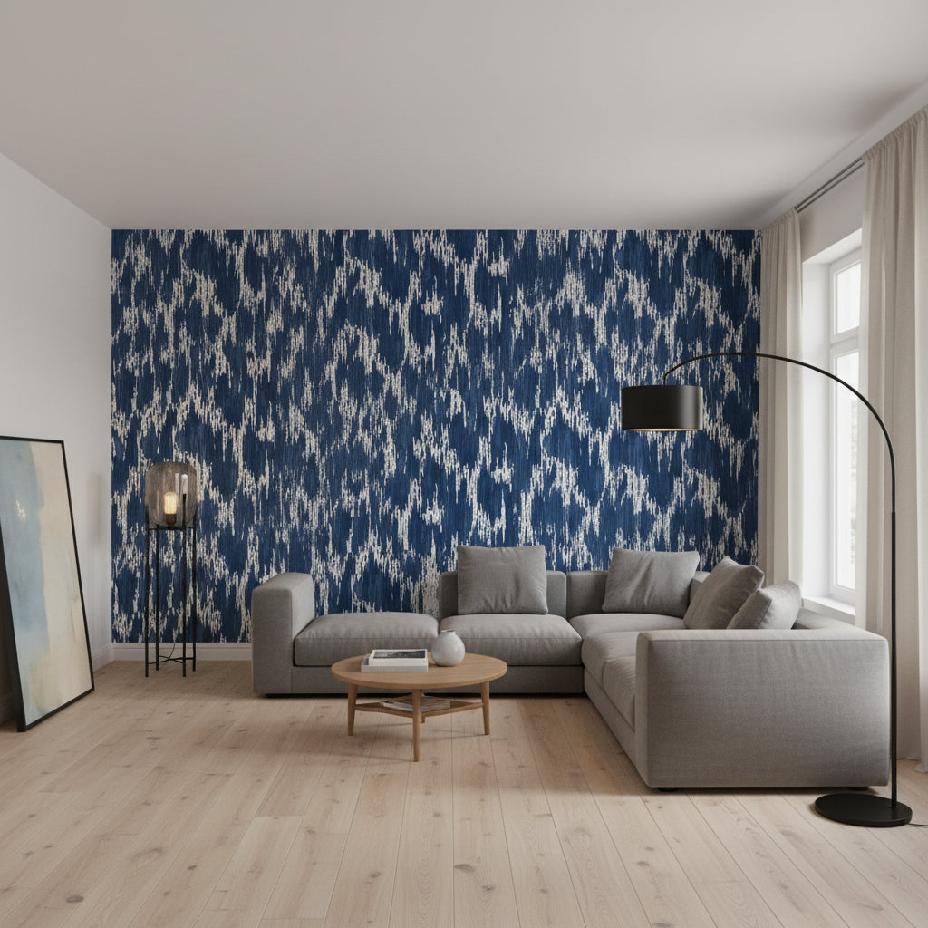 Maverick Navy | Thibaut Wallcoverings - Living Room Visualization (AI-generated, may not be to scale. Verify pattern scale with product specifications.)