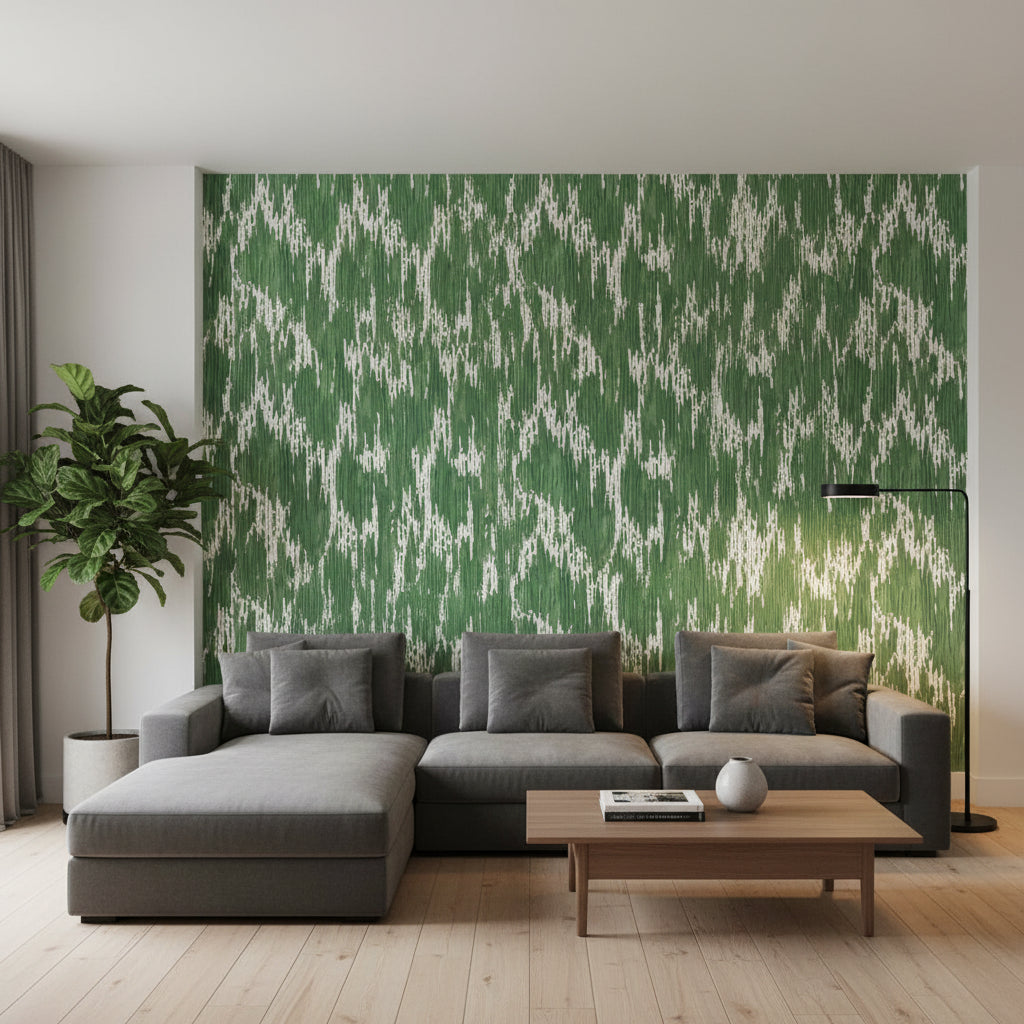 Maverick Emerald | Thibaut Wallcoverings - Living Room Visualization (AI-generated, may not be to scale. Verify pattern scale with product specifications.)