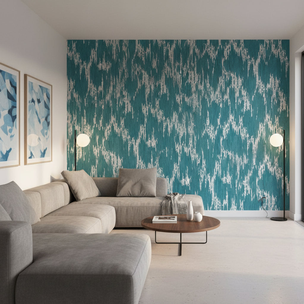 Maverick Teal | Thibaut Wallcoverings - Living Room Visualization (AI-generated, may not be to scale. Verify pattern scale with product specifications.)